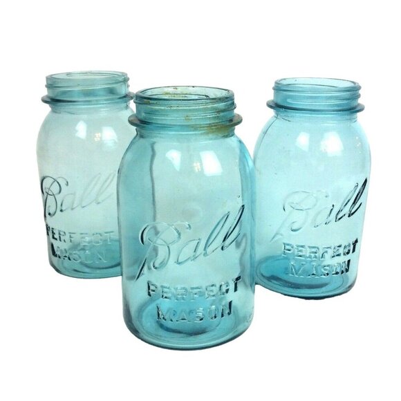 Ball Perfect Mason Jars Lot Of 3 Aqua Blue G #1 #11 Canning Crafts NO LIDS - Picture 1 of 8